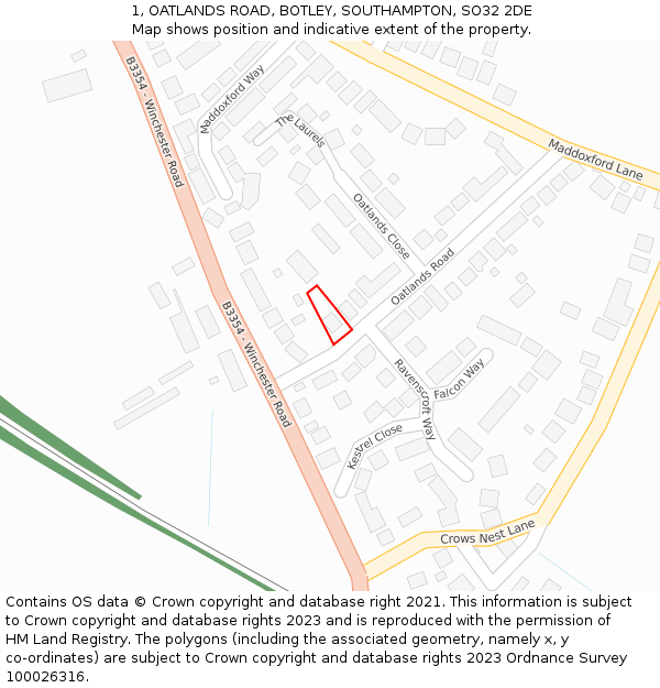 1, OATLANDS ROAD, BOTLEY, SOUTHAMPTON, SO32 2DE: Location map and indicative extent of plot