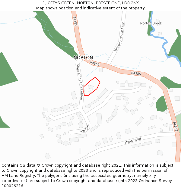 1, OFFAS GREEN, NORTON, PRESTEIGNE, LD8 2NX: Location map and indicative extent of plot