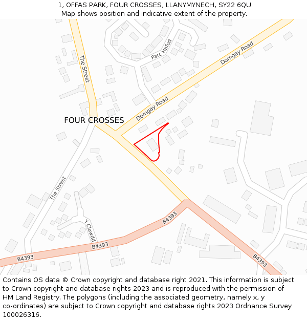 1, OFFAS PARK, FOUR CROSSES, LLANYMYNECH, SY22 6QU: Location map and indicative extent of plot