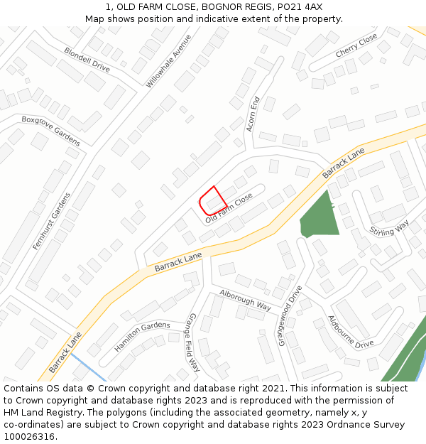 1, OLD FARM CLOSE, BOGNOR REGIS, PO21 4AX: Location map and indicative extent of plot