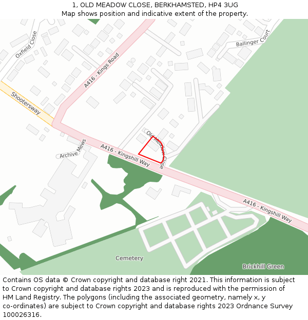 1, OLD MEADOW CLOSE, BERKHAMSTED, HP4 3UG: Location map and indicative extent of plot