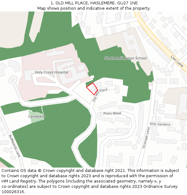 1, OLD MILL PLACE, HASLEMERE, GU27 1NE: Location map and indicative extent of plot