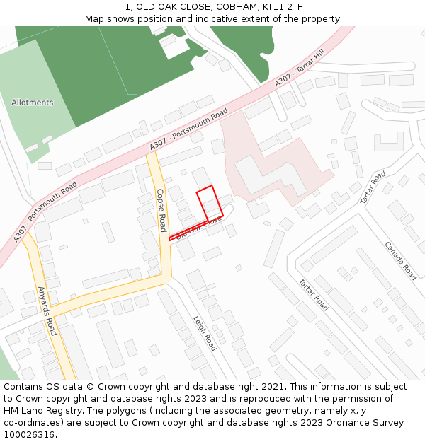 1, OLD OAK CLOSE, COBHAM, KT11 2TF: Location map and indicative extent of plot