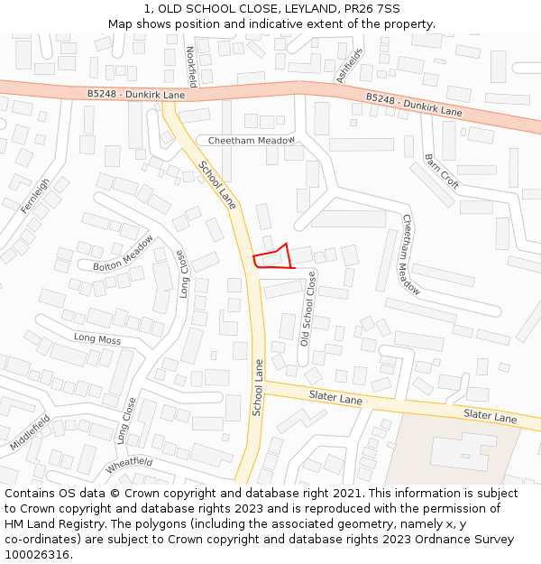 1, OLD SCHOOL CLOSE, LEYLAND, PR26 7SS: Location map and indicative extent of plot