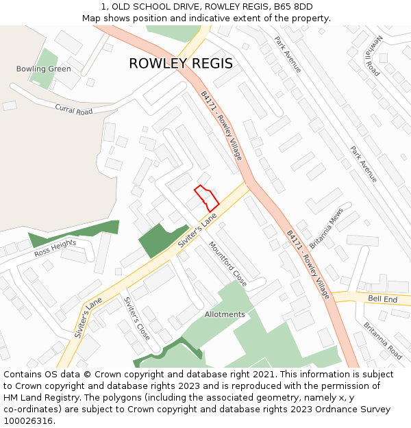1, OLD SCHOOL DRIVE, ROWLEY REGIS, B65 8DD: Location map and indicative extent of plot