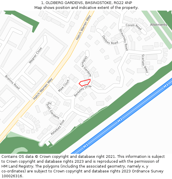 1, OLDBERG GARDENS, BASINGSTOKE, RG22 4NP: Location map and indicative extent of plot