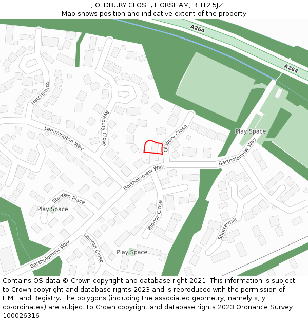 1, OLDBURY CLOSE, HORSHAM, RH12 5JZ: Location map and indicative extent of plot