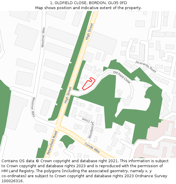 1, OLDFIELD CLOSE, BORDON, GU35 0FD: Location map and indicative extent of plot