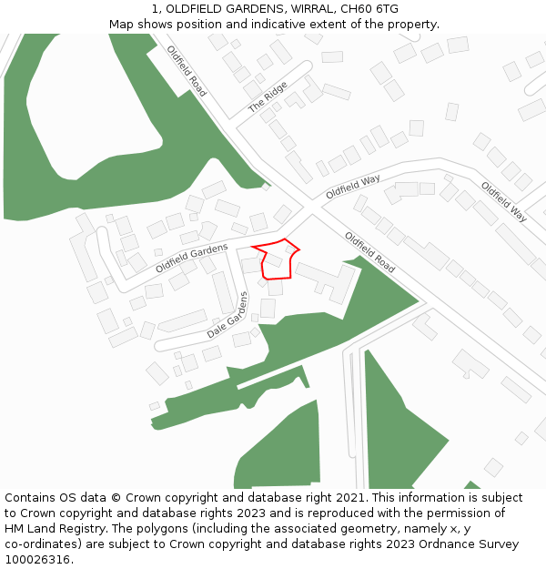 1, OLDFIELD GARDENS, WIRRAL, CH60 6TG: Location map and indicative extent of plot