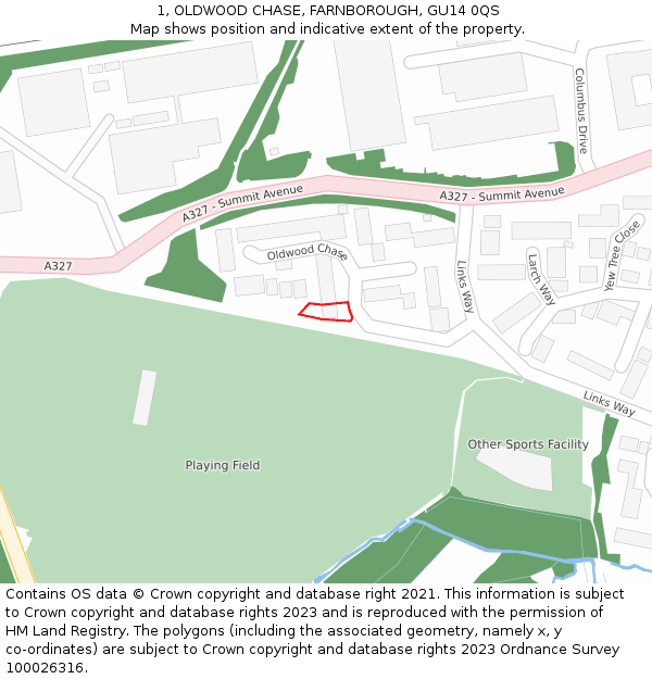 1, OLDWOOD CHASE, FARNBOROUGH, GU14 0QS: Location map and indicative extent of plot