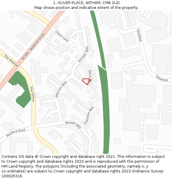 1, OLIVER PLACE, WITHAM, CM8 2UD: Location map and indicative extent of plot