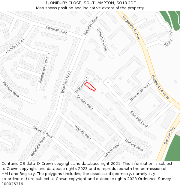 1, ONIBURY CLOSE, SOUTHAMPTON, SO18 2DE: Location map and indicative extent of plot