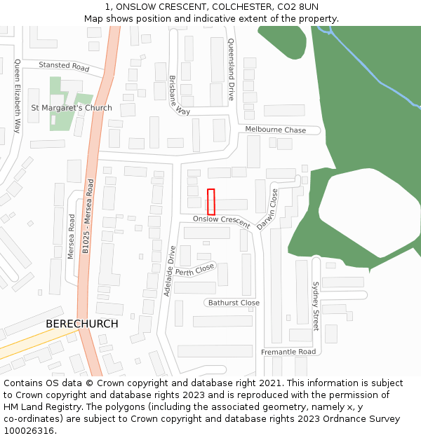 1, ONSLOW CRESCENT, COLCHESTER, CO2 8UN: Location map and indicative extent of plot