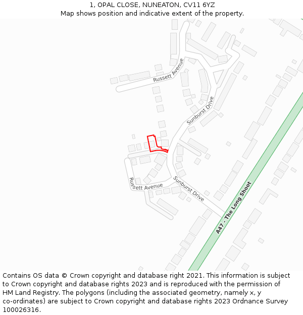 1, OPAL CLOSE, NUNEATON, CV11 6YZ: Location map and indicative extent of plot