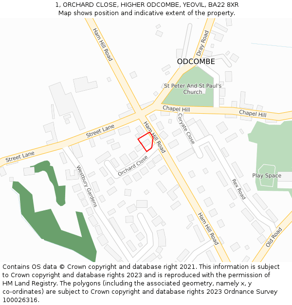 1, ORCHARD CLOSE, HIGHER ODCOMBE, YEOVIL, BA22 8XR: Location map and indicative extent of plot