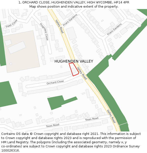 1, ORCHARD CLOSE, HUGHENDEN VALLEY, HIGH WYCOMBE, HP14 4PR: Location map and indicative extent of plot