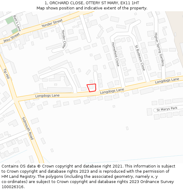 1, ORCHARD CLOSE, OTTERY ST MARY, EX11 1HT: Location map and indicative extent of plot