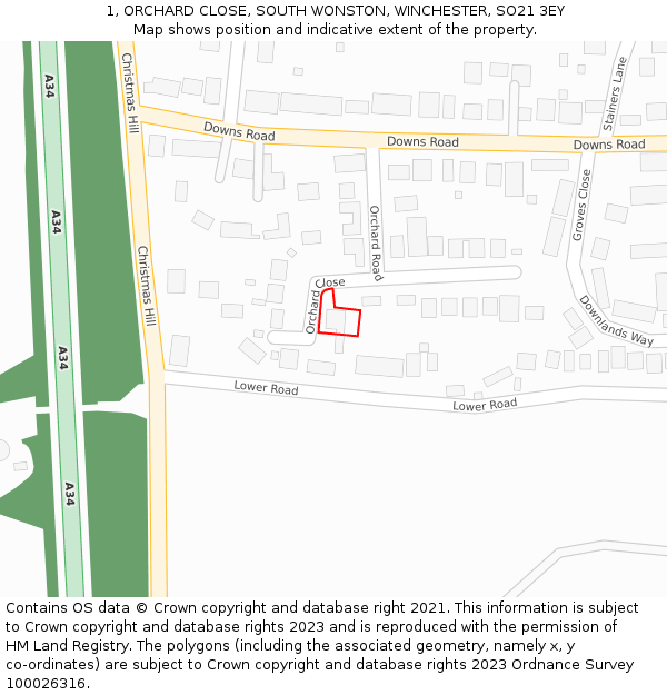1, ORCHARD CLOSE, SOUTH WONSTON, WINCHESTER, SO21 3EY: Location map and indicative extent of plot