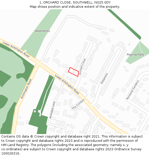 1, ORCHARD CLOSE, SOUTHWELL, NG25 0DY: Location map and indicative extent of plot