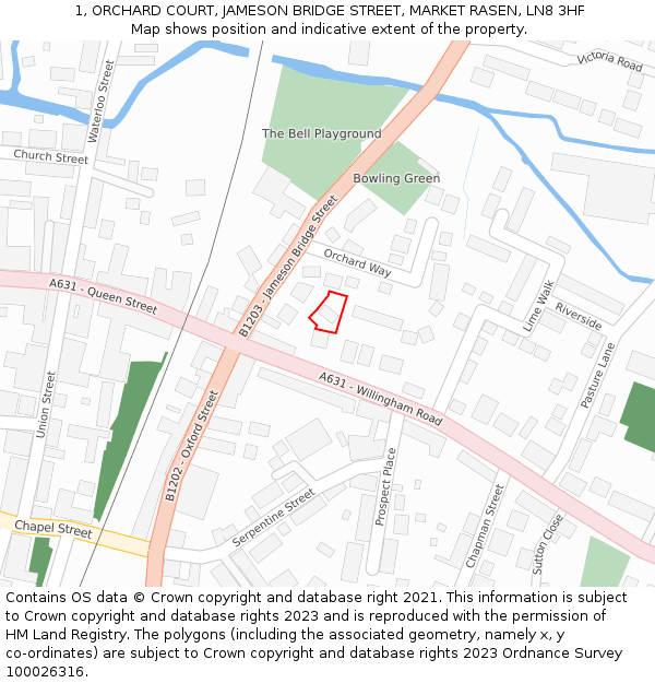 1, ORCHARD COURT, JAMESON BRIDGE STREET, MARKET RASEN, LN8 3HF: Location map and indicative extent of plot