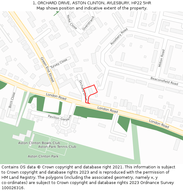 1, ORCHARD DRIVE, ASTON CLINTON, AYLESBURY, HP22 5HR: Location map and indicative extent of plot