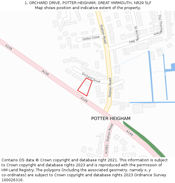 1, ORCHARD DRIVE, POTTER HEIGHAM, GREAT YARMOUTH, NR29 5LF: Location map and indicative extent of plot