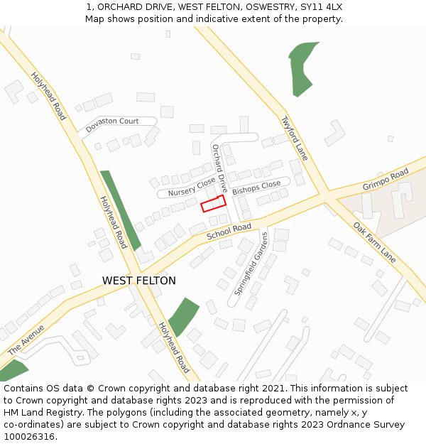 1, ORCHARD DRIVE, WEST FELTON, OSWESTRY, SY11 4LX: Location map and indicative extent of plot