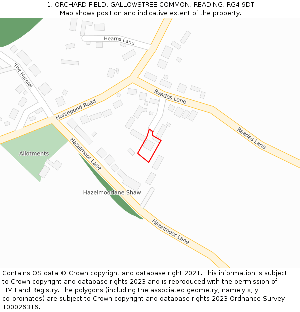 1, ORCHARD FIELD, GALLOWSTREE COMMON, READING, RG4 9DT: Location map and indicative extent of plot