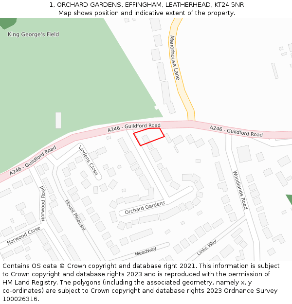 1, ORCHARD GARDENS, EFFINGHAM, LEATHERHEAD, KT24 5NR: Location map and indicative extent of plot