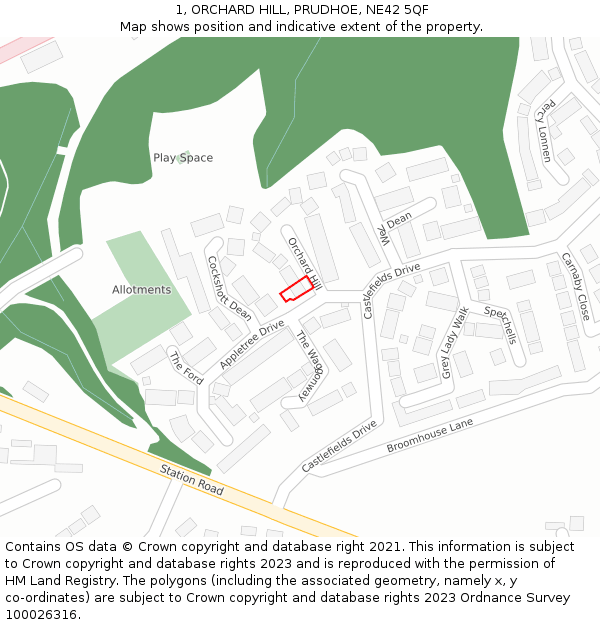 1, ORCHARD HILL, PRUDHOE, NE42 5QF: Location map and indicative extent of plot