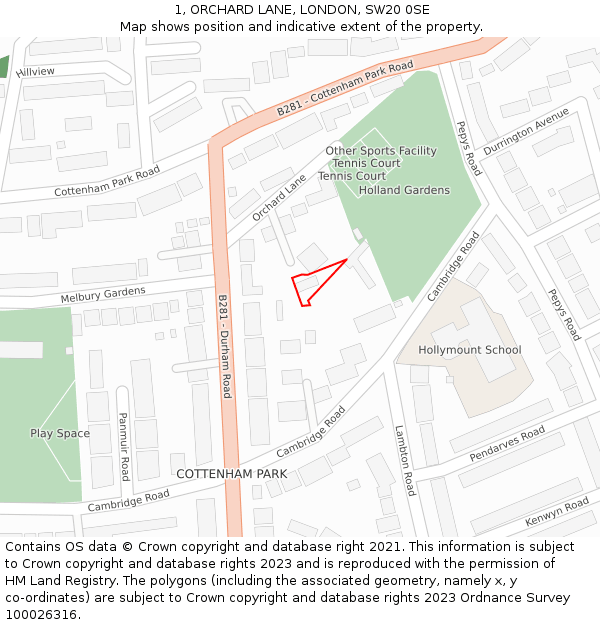 1, ORCHARD LANE, LONDON, SW20 0SE: Location map and indicative extent of plot