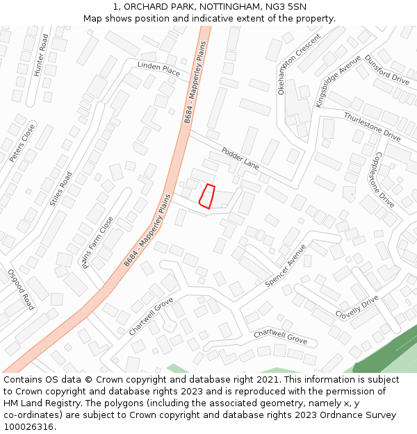 1, ORCHARD PARK, NOTTINGHAM, NG3 5SN: Location map and indicative extent of plot