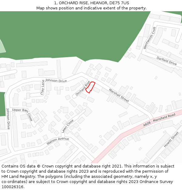 1, ORCHARD RISE, HEANOR, DE75 7US: Location map and indicative extent of plot