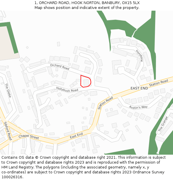 1, ORCHARD ROAD, HOOK NORTON, BANBURY, OX15 5LX: Location map and indicative extent of plot