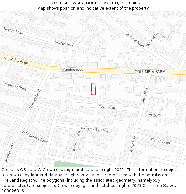 1, ORCHARD WALK, BOURNEMOUTH, BH10 4FD: Location map and indicative extent of plot