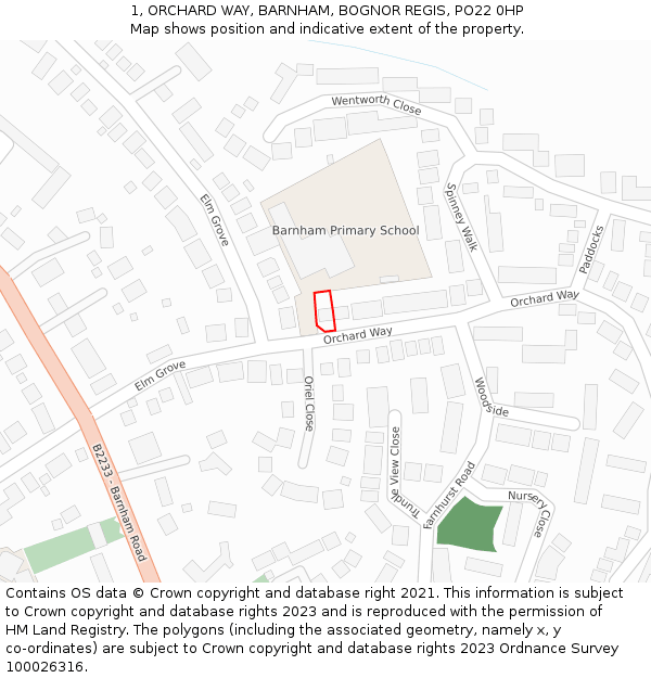 1, ORCHARD WAY, BARNHAM, BOGNOR REGIS, PO22 0HP: Location map and indicative extent of plot