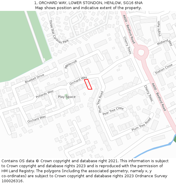 1, ORCHARD WAY, LOWER STONDON, HENLOW, SG16 6NA: Location map and indicative extent of plot