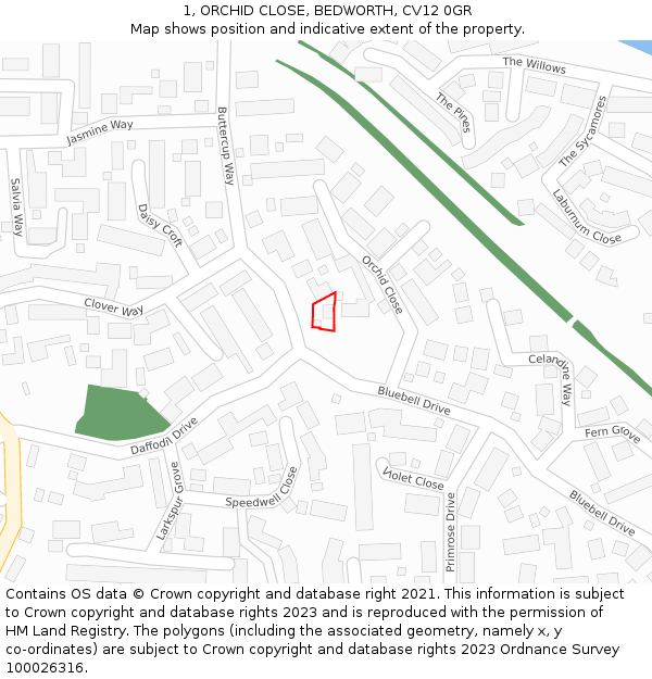 1, ORCHID CLOSE, BEDWORTH, CV12 0GR: Location map and indicative extent of plot