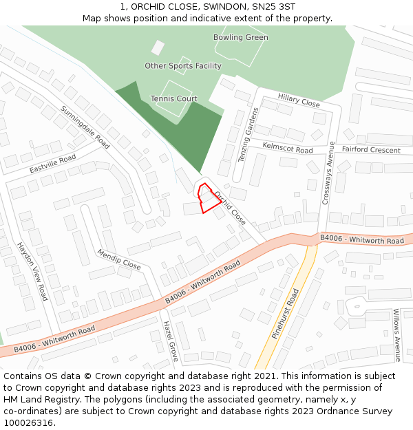 1, ORCHID CLOSE, SWINDON, SN25 3ST: Location map and indicative extent of plot