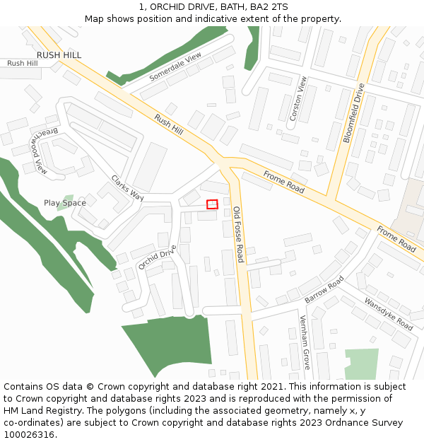 1, ORCHID DRIVE, BATH, BA2 2TS: Location map and indicative extent of plot