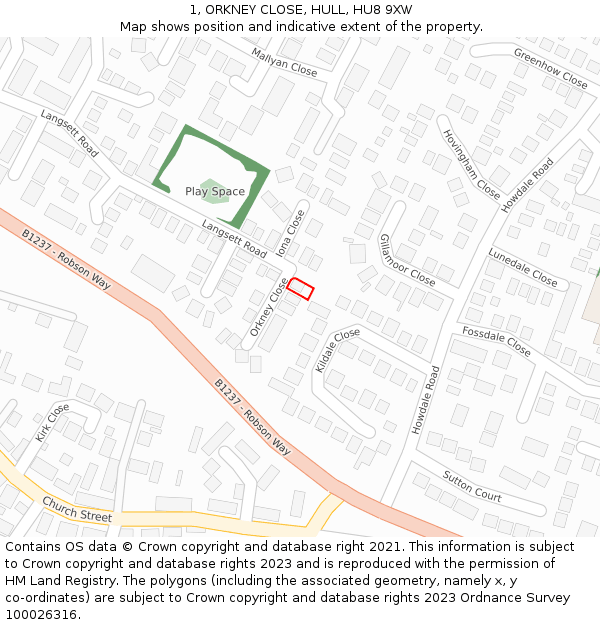 1, ORKNEY CLOSE, HULL, HU8 9XW: Location map and indicative extent of plot