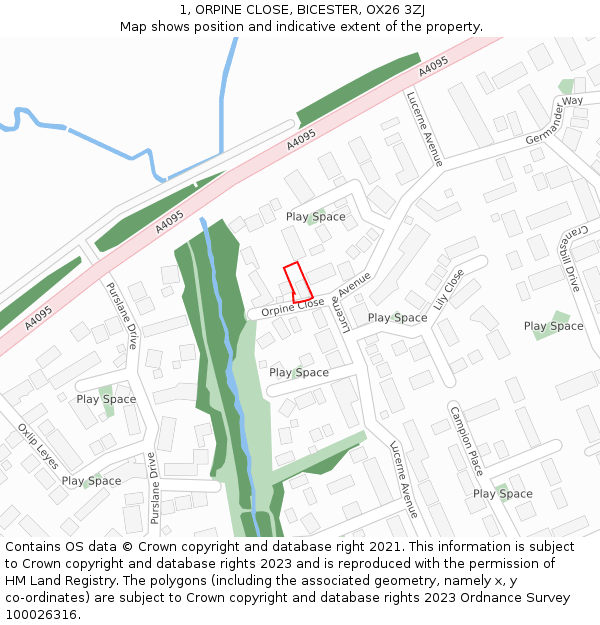 1, ORPINE CLOSE, BICESTER, OX26 3ZJ: Location map and indicative extent of plot