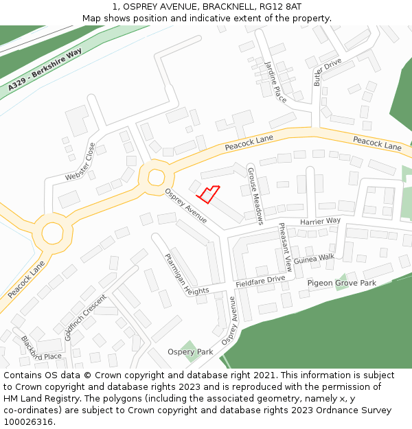 1, OSPREY AVENUE, BRACKNELL, RG12 8AT: Location map and indicative extent of plot