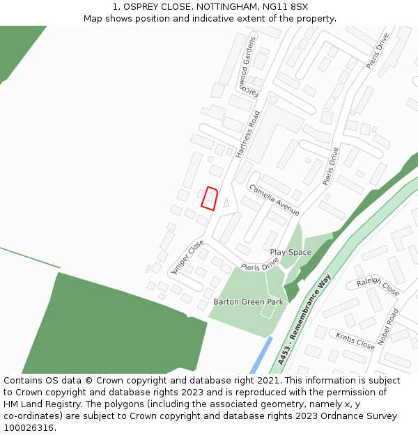 1, OSPREY CLOSE, NOTTINGHAM, NG11 8SX: Location map and indicative extent of plot