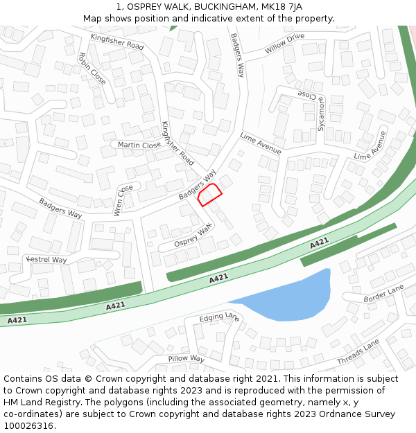 1, OSPREY WALK, BUCKINGHAM, MK18 7JA: Location map and indicative extent of plot