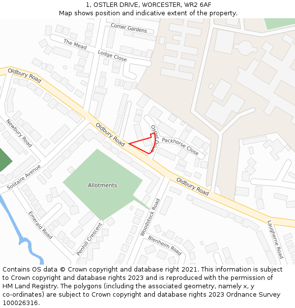 1, OSTLER DRIVE, WORCESTER, WR2 6AF: Location map and indicative extent of plot