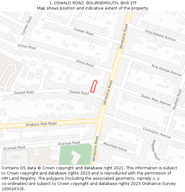 1, OSWALD ROAD, BOURNEMOUTH, BH9 2TF: Location map and indicative extent of plot