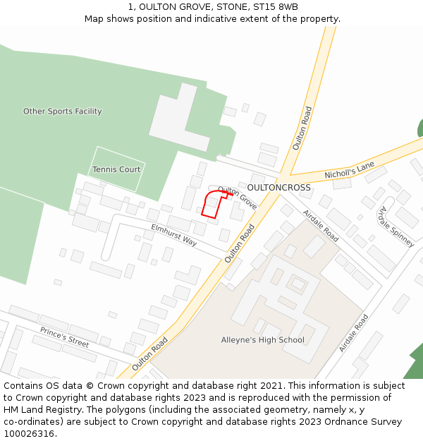 1, OULTON GROVE, STONE, ST15 8WB: Location map and indicative extent of plot