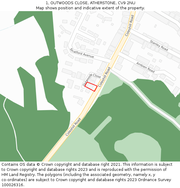 1, OUTWOODS CLOSE, ATHERSTONE, CV9 2NU: Location map and indicative extent of plot