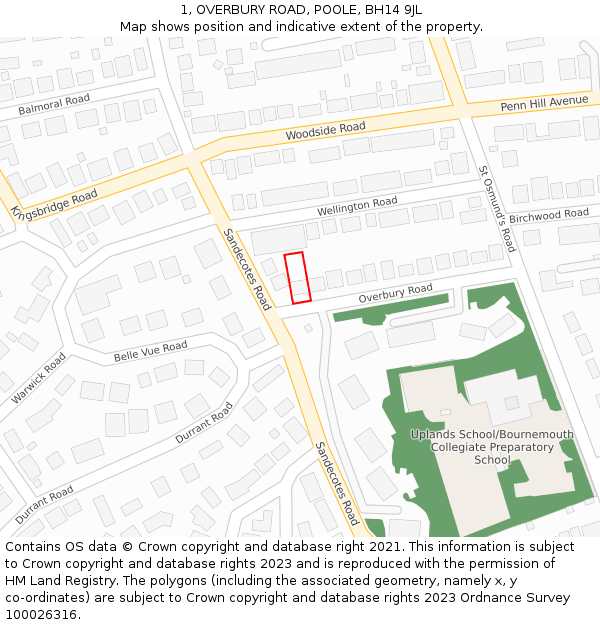 1, OVERBURY ROAD, POOLE, BH14 9JL: Location map and indicative extent of plot